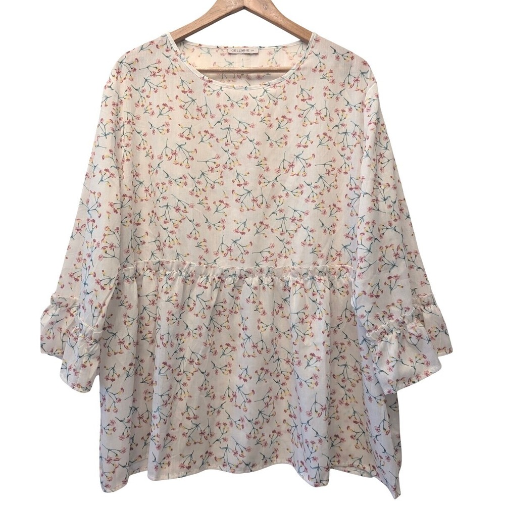 Cellabie Floral Babydoll Blouse White Pink Ruffle Sleeve‎ Cotton Blend 2XL